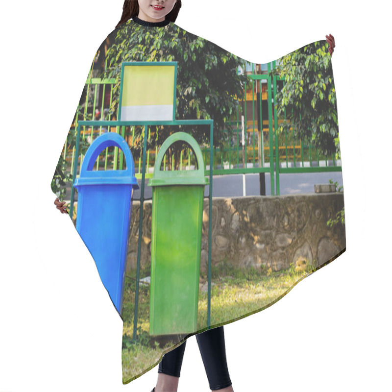 Personality  Paper And Plastic Recycle Bin Placed In The Garden For Cleanness. Cleanness Concept Hair Cutting Cape