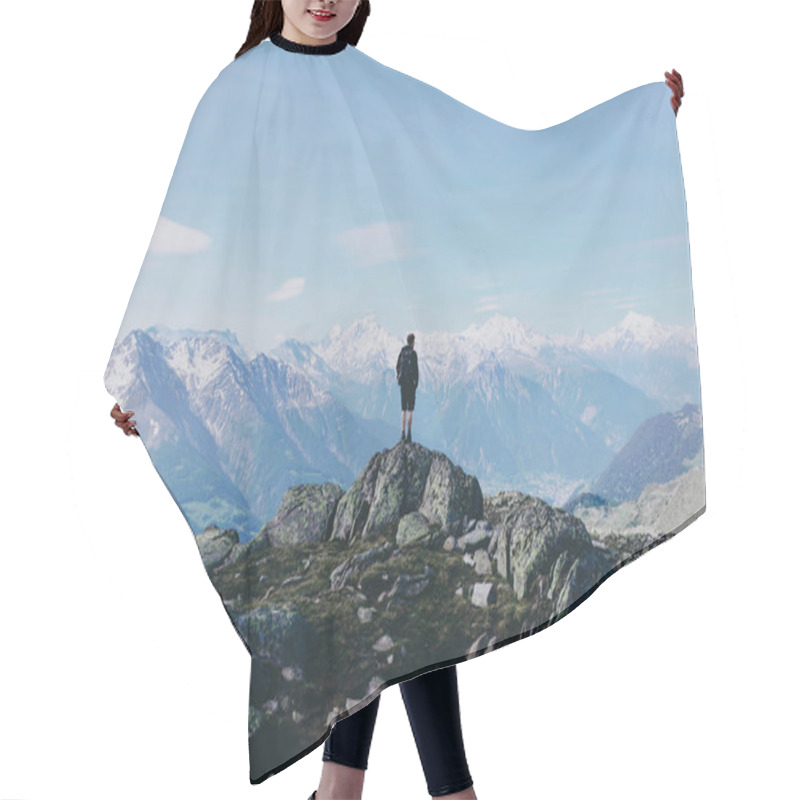 Personality  Hiker On Mountain Top Rock. Hair Cutting Cape