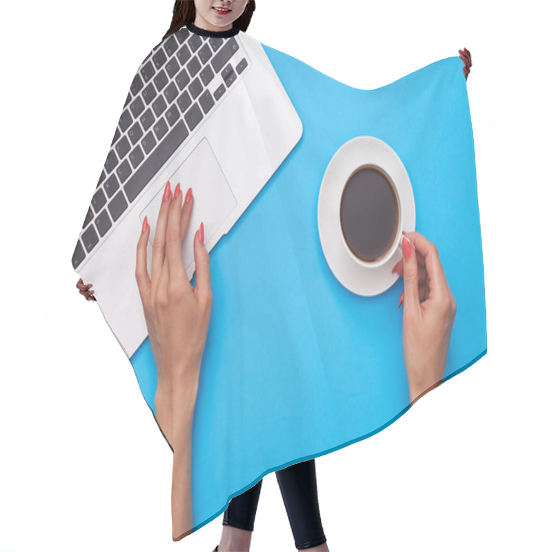 Personality  Workplace Of Woman Holding A Cup Of Coffee While Using A Touchpa Hair Cutting Cape