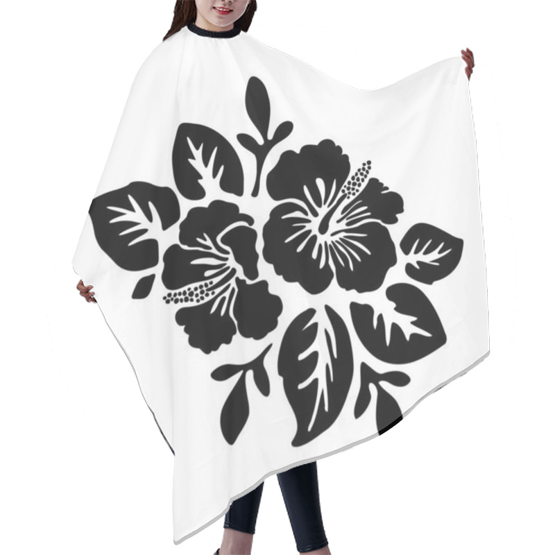 Personality  Black Tropical Exotic Hibiscus Flowers Vector Tattoo Silhouette Drawing Illustration.Hawaiian Floral Stencil Design Element.Plotter Laser Cutting.Vinyl Wall Sticker Decal.Cut File.Print. Leaves. DIY. Hair Cutting Cape