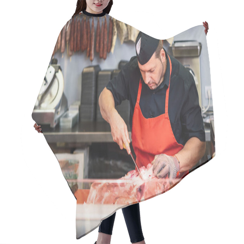 Personality  Butcher Boning Fresh Ham In A Modern Butcher Shop Hair Cutting Cape