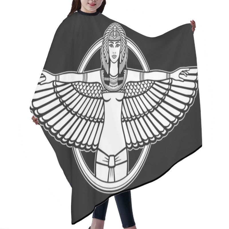 Personality  Animation Portrait Of The Ancient Egyptian Winged Goddess. The White Drawing Isolated On A Black Background. Vector Illustration. Hair Cutting Cape