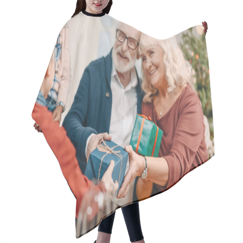 Personality  Grandparents Presenting Gifts To Grandson Hair Cutting Cape