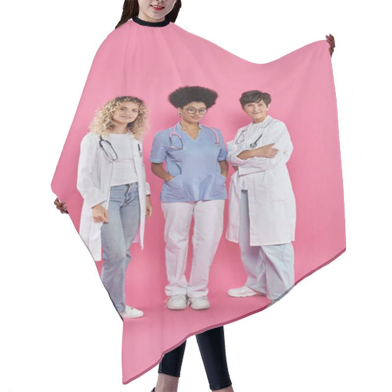 Personality  Generations, Medical Colleagues, Female Oncologists, Breast Cancer Awareness Concept, Campaign Hair Cutting Cape