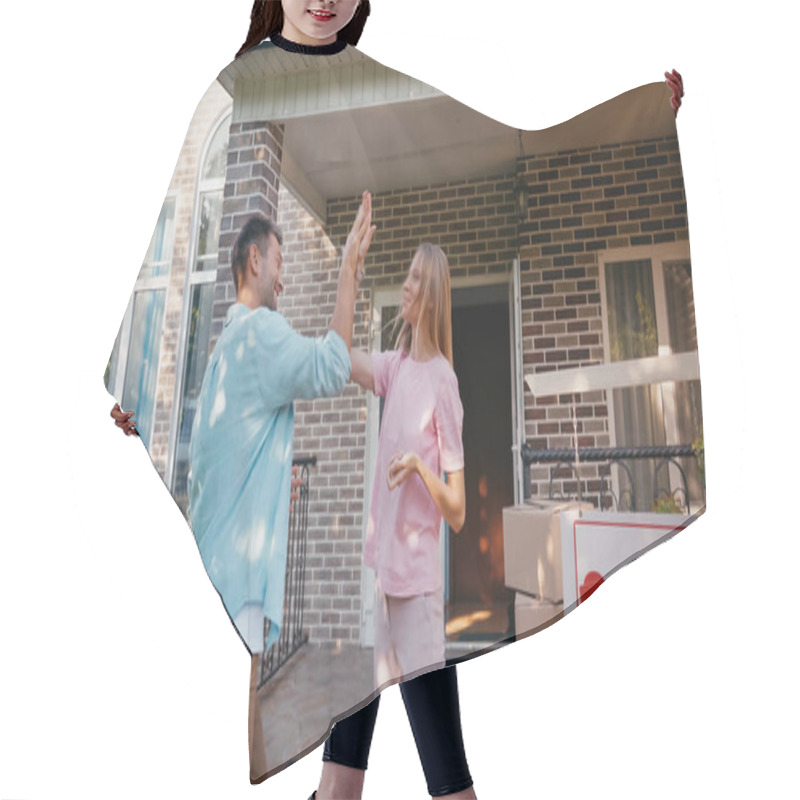 Personality  Happy Couple Giving High Five Near New House And Sold Board  Hair Cutting Cape