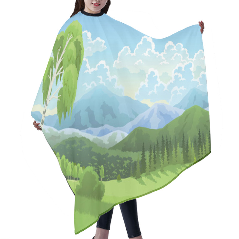 Personality  Landscape Mountains, Grasslands Meadows And Blue Sky With Clouds. Cartoon Flat Panorama Of Spring Summer Forest And Birch. Beautiful Nature Background. Vector Illustration. Hair Cutting Cape