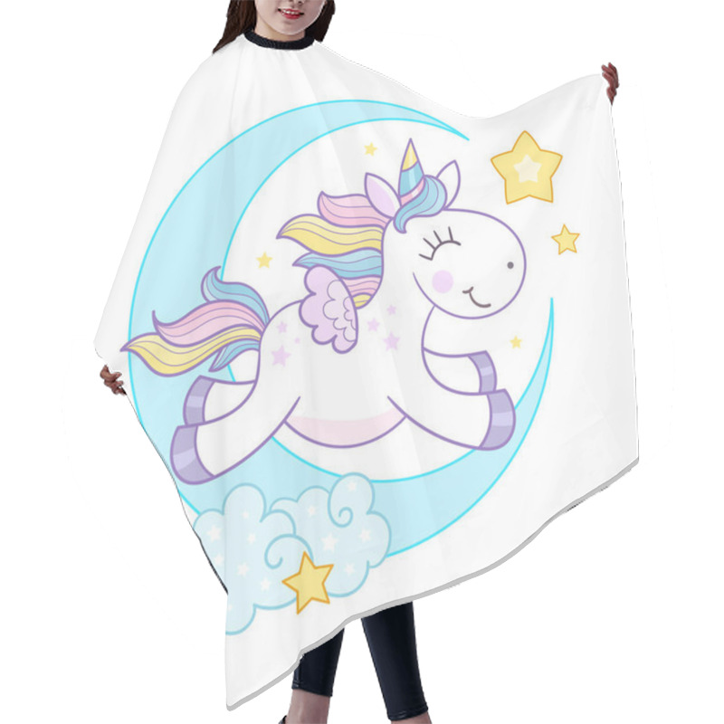 Personality  A Cheerful Rainbow Unicorn Jumps On The Moon With Stars. For Children's Design Of Prints, Posters, Cards, Stickers, Puzzles, Football, Cruds, Etc. Vector Illustration Hair Cutting Cape