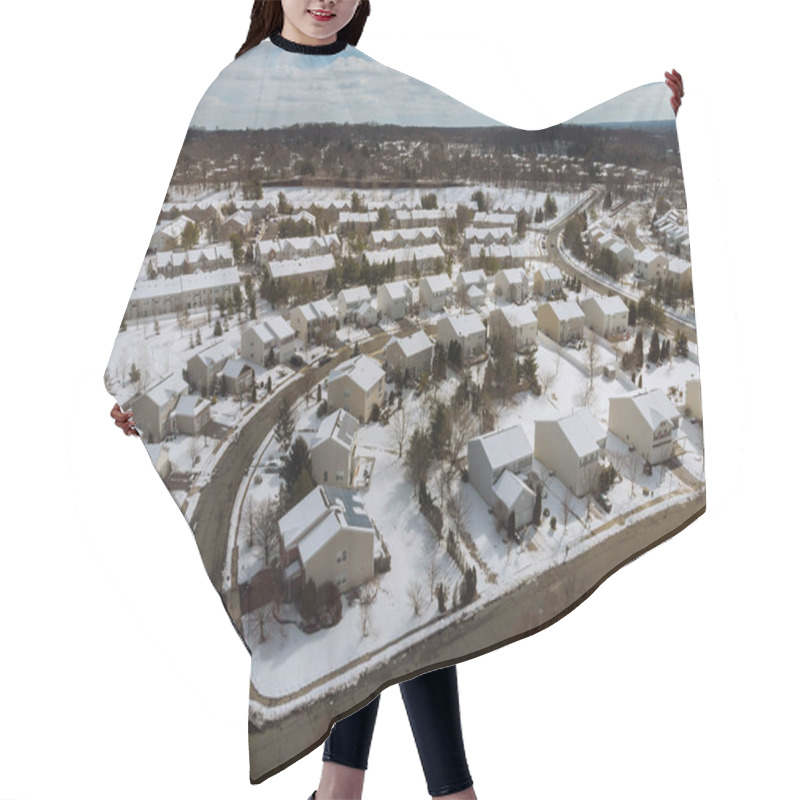 Personality  Aerial View Of Landscape Top Of The Winter Town Residential Houses With Snow On Covered Houses And Roads. Hair Cutting Cape