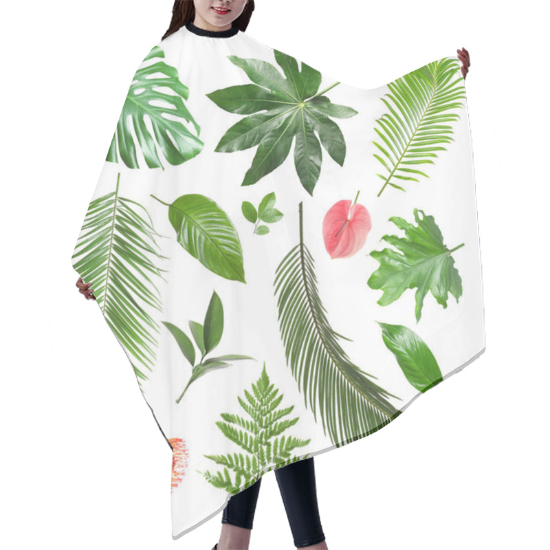 Personality  Set Of Different Fresh Tropical Leaves And Flowers On White Background Hair Cutting Cape