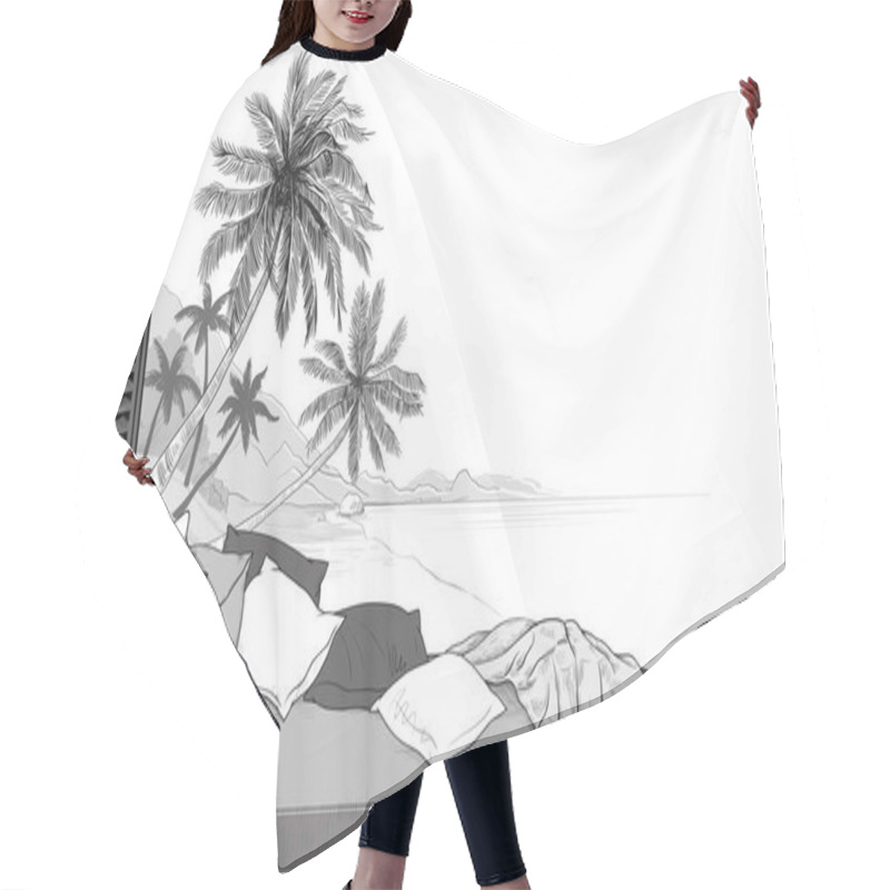 Personality  Window Seat. Sofa With A Variety Of Pillows, Blanket, Open Wooden Shutter On The Background Of The Beach With Palm Trees.Hand-drawn Vector Illustration In Vintage Style. Interior Monochrome Sketch.  Hair Cutting Cape