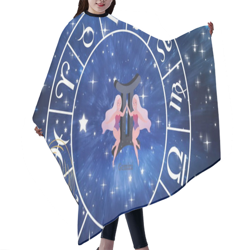 Personality  Image Of Gemini Star Sign In Zodiac Wheel On Starry Night Sky. Horoscope, Zodiac, Star Signs And Astrology Concept Digitally Generated Image. Hair Cutting Cape