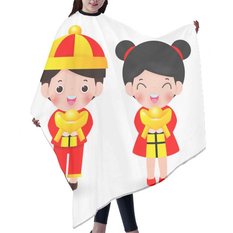 Personality  Children With Holding Chinese Gold, Happy Chinese New Year 2020, Kids Cartoon Vector Illustration Isolated On White Background. Hair Cutting Cape