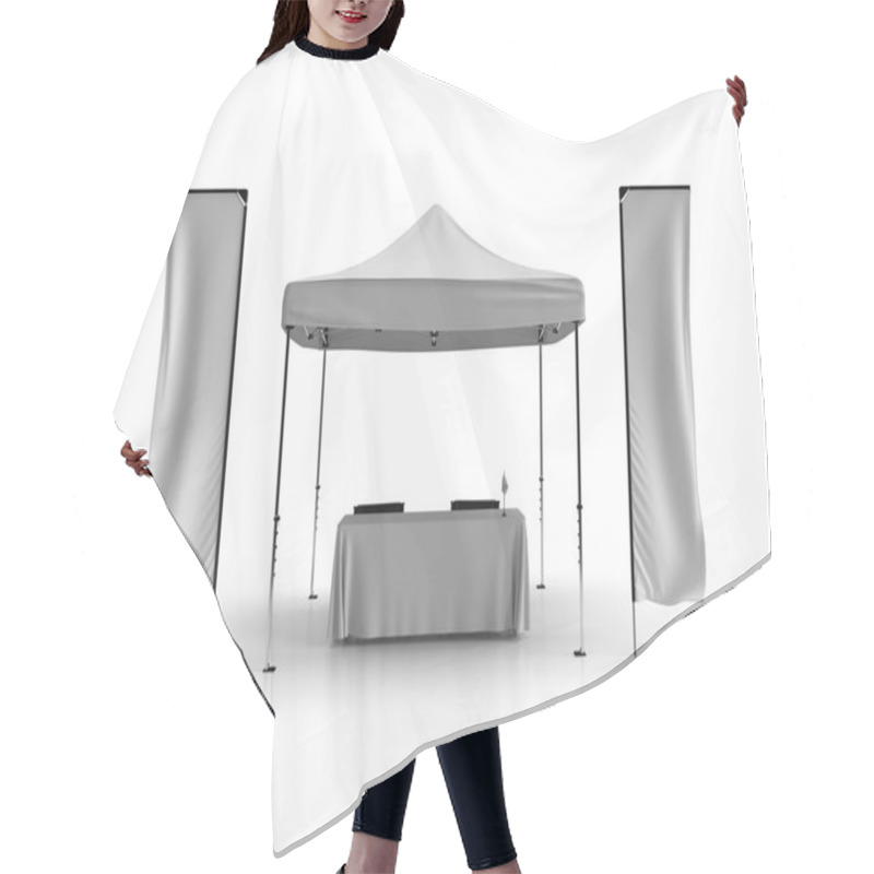 Personality  3D Render Scene Of Outdoor Exhibition Series Of Products Including Telescopic Flags Banner Flags, Gazebo Tent, Table Cloth, Directors Chairs And Table Flag On Table. Mockup, Front View Hair Cutting Cape