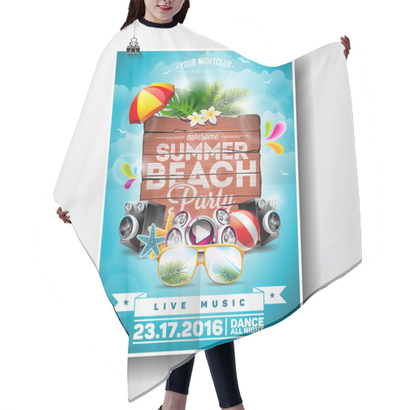 Personality  Vector Summer Beach Party Flyer Design With Typographic Elements On Wood Texture Background. Summer Nature Floral Elements And Sunglasses. Hair Cutting Cape