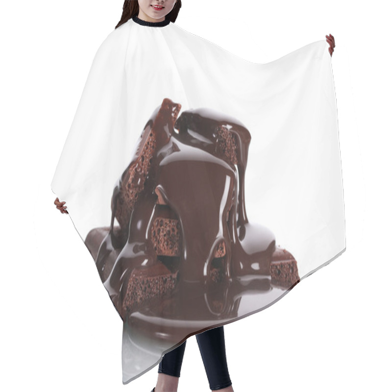 Personality  Slices Of Milk And Dark Chocolate Bar Poured Chocolate Isolated On White Hair Cutting Cape