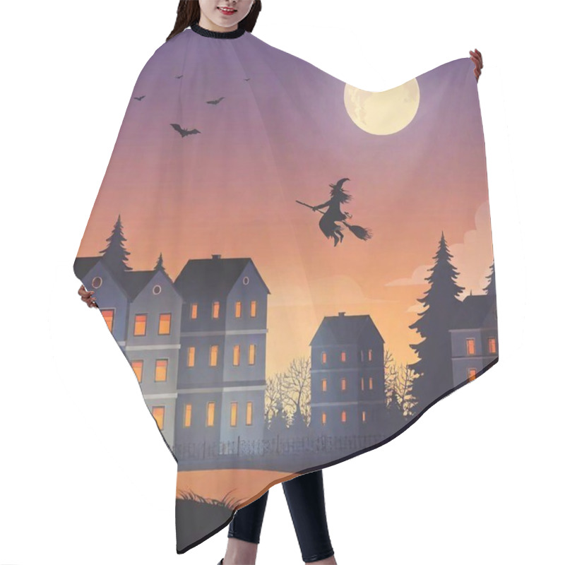 Personality  Witch Costume, Spooky Halloween Frightening Costume Flying Above Street With Houses In Autumn, Vector Illustration Hair Cutting Cape