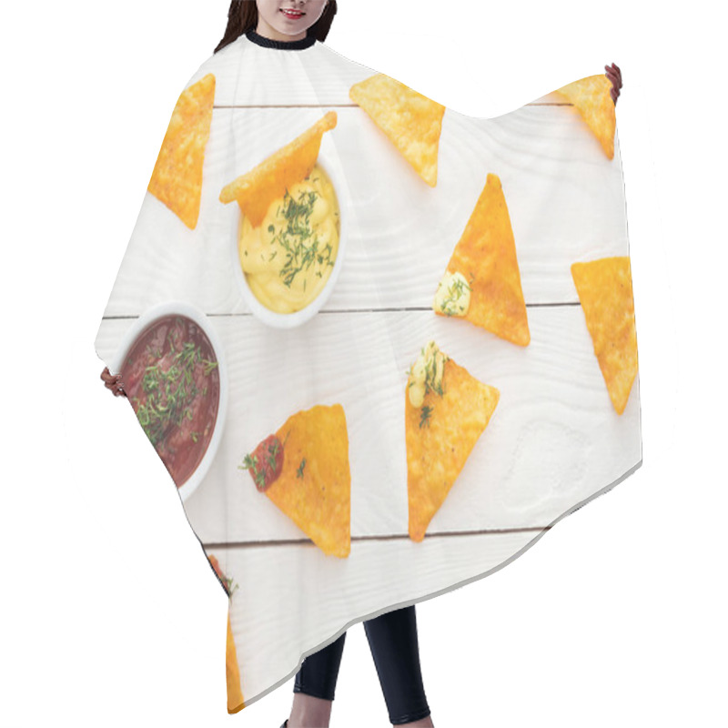 Personality  Top View Of Tasty Nachos And Sauces On White And Wooden Surface  Hair Cutting Cape