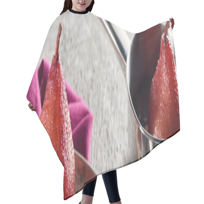 Personality  Delicious Pear In Wine On Silver Plate And In Stewpot On Grey Concrete Surface With Pink Napkin, Panoramic Shot Hair Cutting Cape