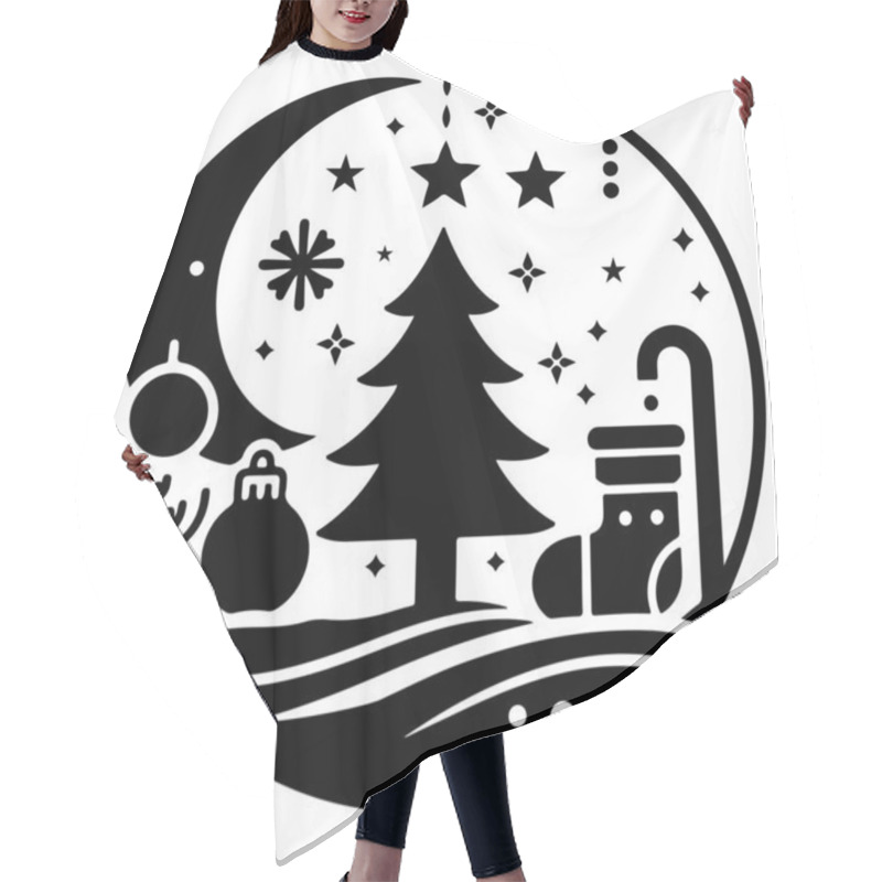 Personality  This Festive Vector Illustration Features A Stylized Christmas Tree Surrounded By Various Holiday-themed Elements, Including Snowflakes, Stars, And Decorative Dots. The Black And White Design Is Perfect For Holiday Greeting Cards, Seasonal Decoration Hair Cutting Cape