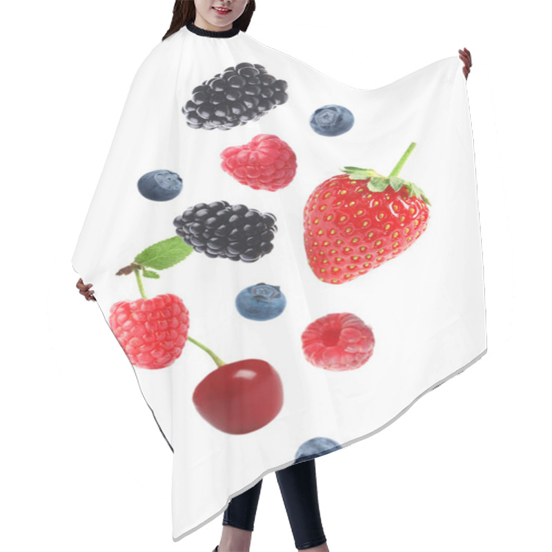 Personality  Set Of Falling Sweet Berries On White Background Hair Cutting Cape