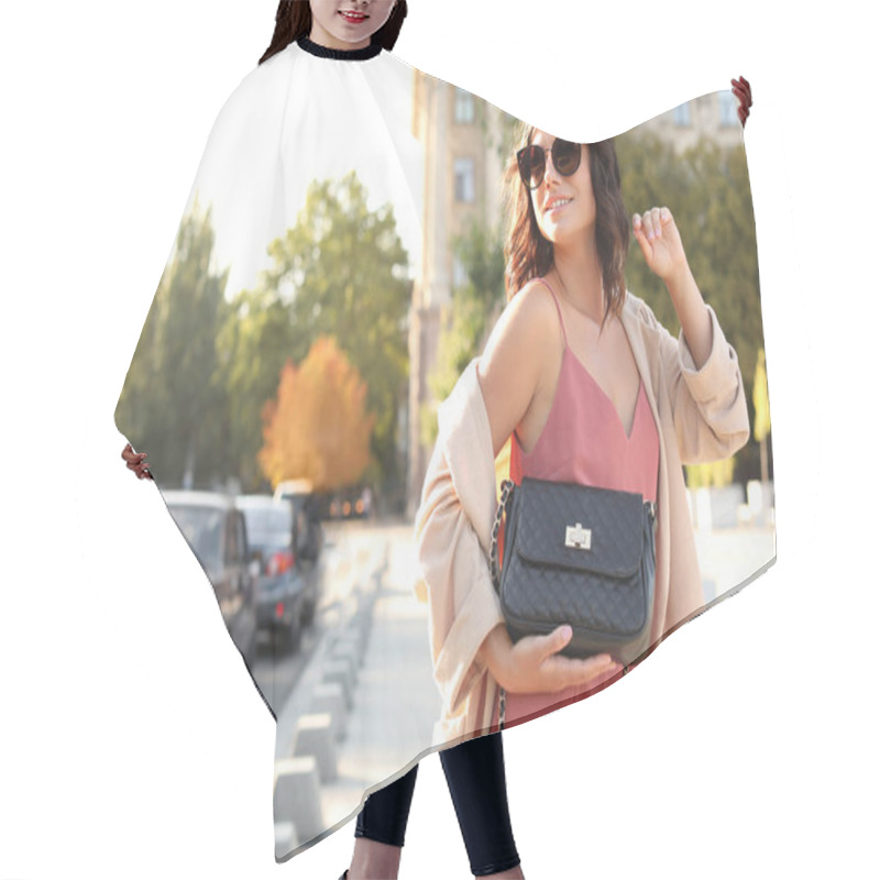 Personality  Young Woman In Sunglasses With Stylish Black Bag On City Street Hair Cutting Cape