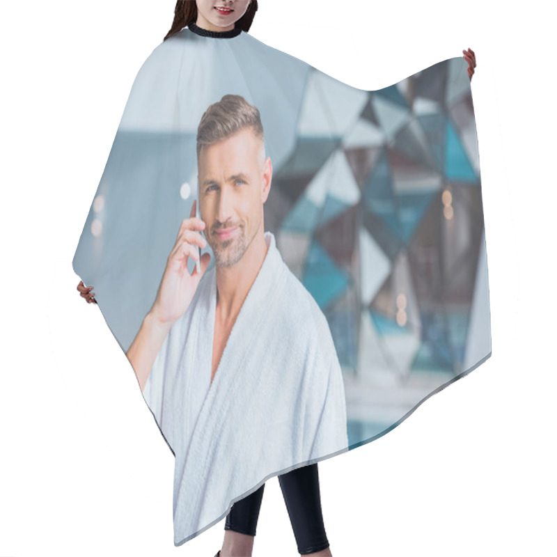 Personality  Handsome Man Talking At Smartphone In Bathrobe Hair Cutting Cape