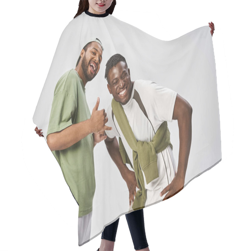 Personality  Happy Juneteenth Celebration, Excited And Young African American Friends Hugging On Grey Background Hair Cutting Cape