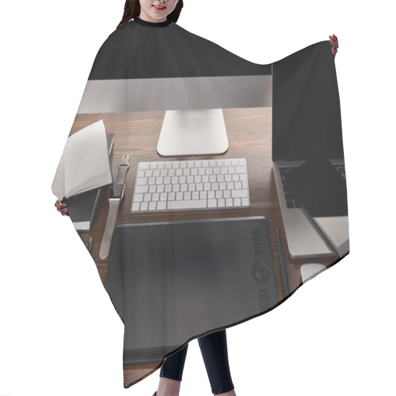 Personality  Modern Designer Workplace With Different Gadgets On Wooden Table Hair Cutting Cape