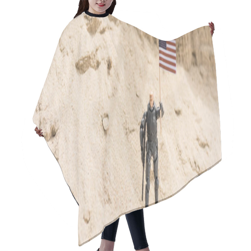 Personality  Toy Armed Soldier Standing On Sand And Holding American Flag, Panoramic Shot Hair Cutting Cape