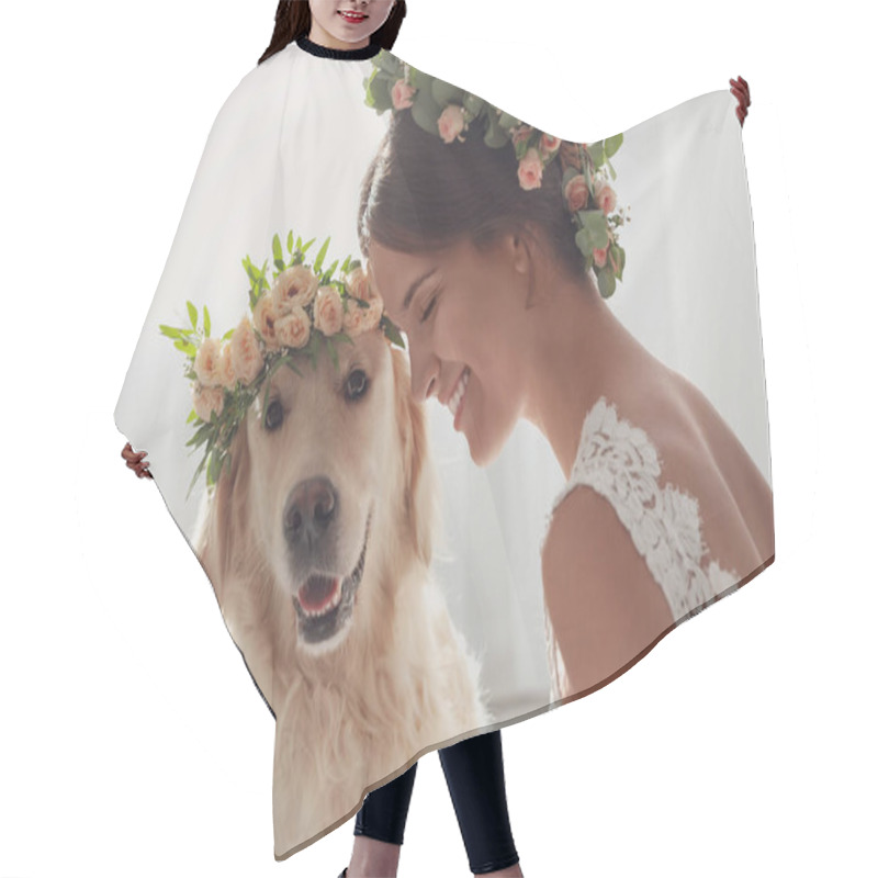 Personality  Bride And Adorable Golden Retriever Wearing Wreath Made Of Beautiful Flowers Indoors Hair Cutting Cape