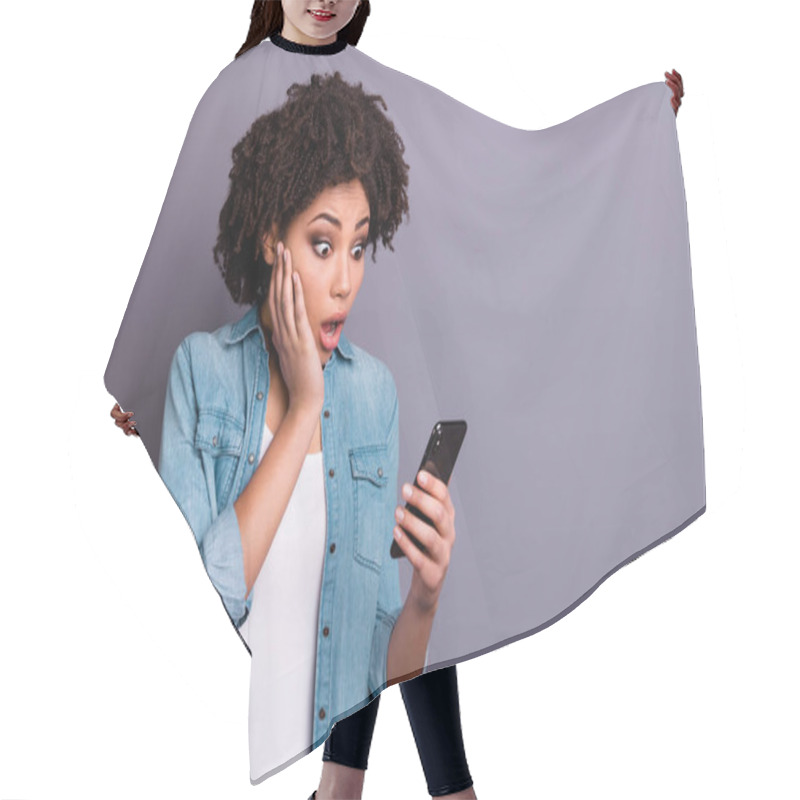 Personality  Portrait Of Astonished Youth Reaction Stupor Scream Shout Get News Unbelievable Unexpected Omg Touch Hand Chin Hold Device Wear Modern Denim Clothes Isolated Grey Background Hair Cutting Cape