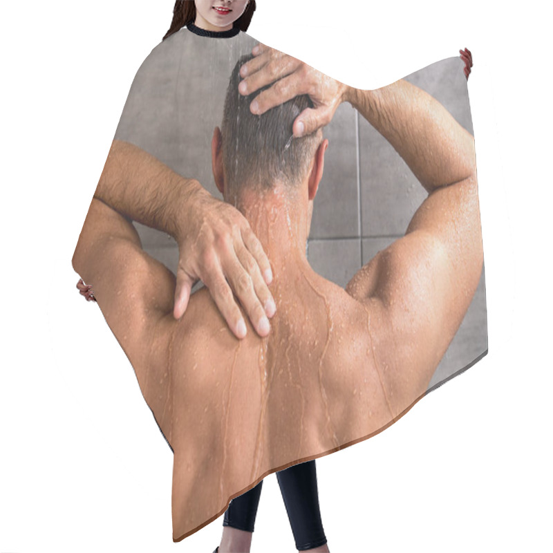 Personality  Back View Of Man Taking Shower In Morning At Home Hair Cutting Cape