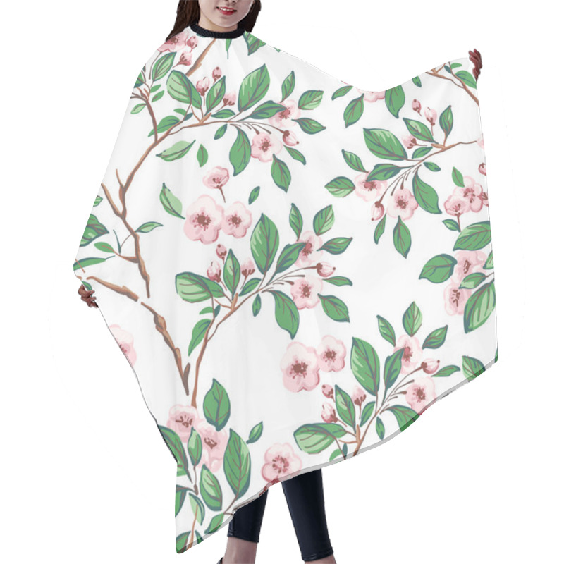 Personality  Seamless Pattern Of Pink Flowers And Green Leaves. Hair Cutting Cape