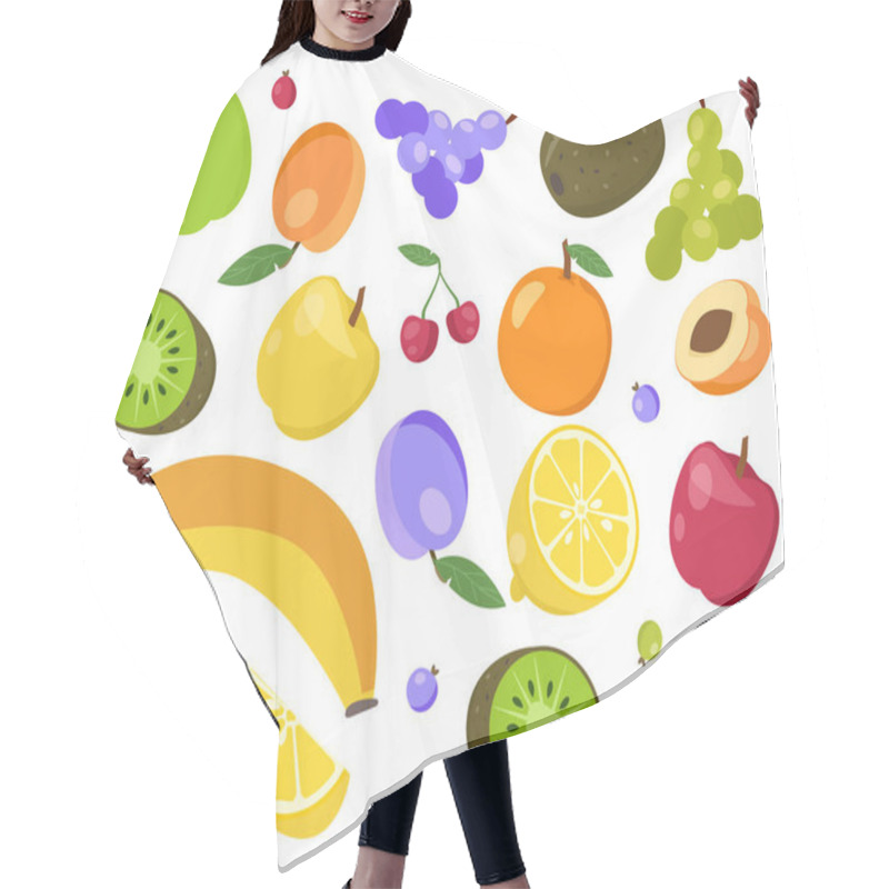 Personality  Set Of Fruits. Natural And Prganic Products, Healthy Eating. Kiwi And Banana, Grape And Apple. Vegetarian Diet With Vitamins. Cartoon Flat Vector Collection Isolated On White Background Hair Cutting Cape