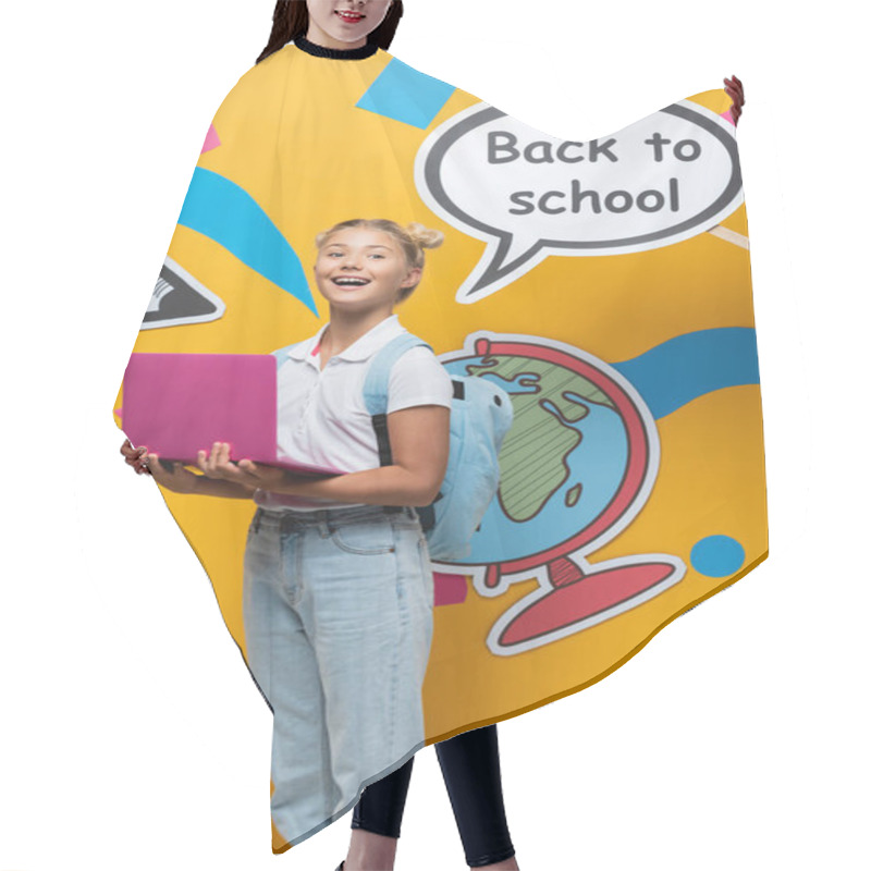 Personality  Schoolgirl Holding Laptop Near Speech Bubble With Back To School Lettering And Paper Art On Yellow Background Hair Cutting Cape