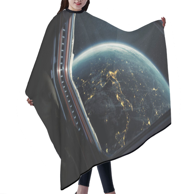 Personality  Spaceship Flies Near The Amazing Night Planet Earth, View From The Window. Travel And Tourists In Space, Concept. Beautiful Space View Of The Earth With Night City Lights. Hotel In Space Hair Cutting Cape