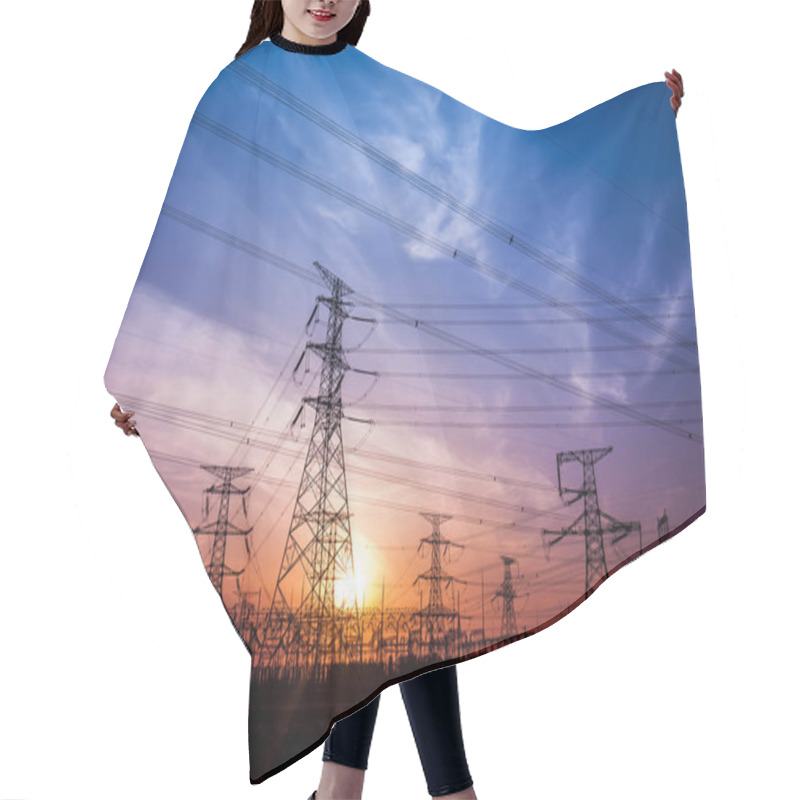 Personality  The Silhouette Of The Evening Electricity Transmission Pylon Hair Cutting Cape