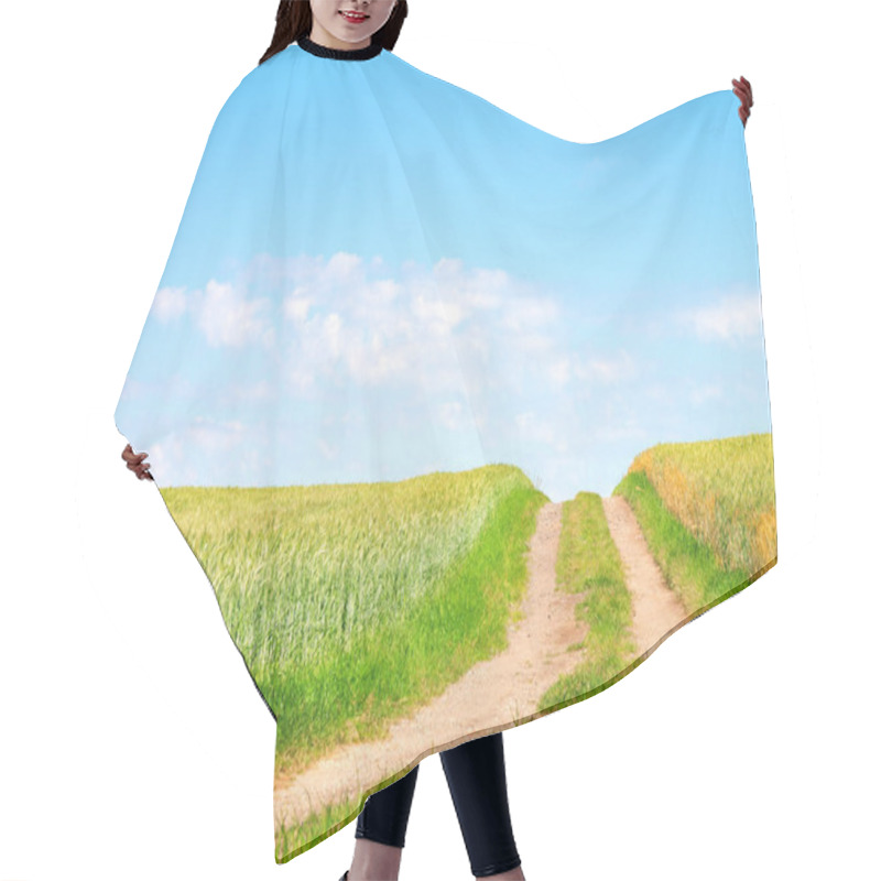 Personality  Road In The Green Field With Deep Blue Sky Hair Cutting Cape