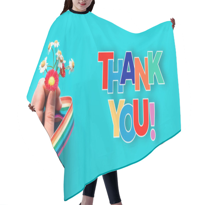 Personality  Thank You Doctors And Nurses! Rainbow Text, Ribbon In Hand Of Woman With Chamomile And Primrose Flowers, Simple Bouquet. Creative Flat Lay, Top View On Turquoise Blue Background. Hair Cutting Cape