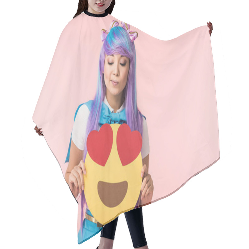 Personality  Anime Girl In Purple Wig Holding Infatuation Emoticon Isolated On Pink Hair Cutting Cape