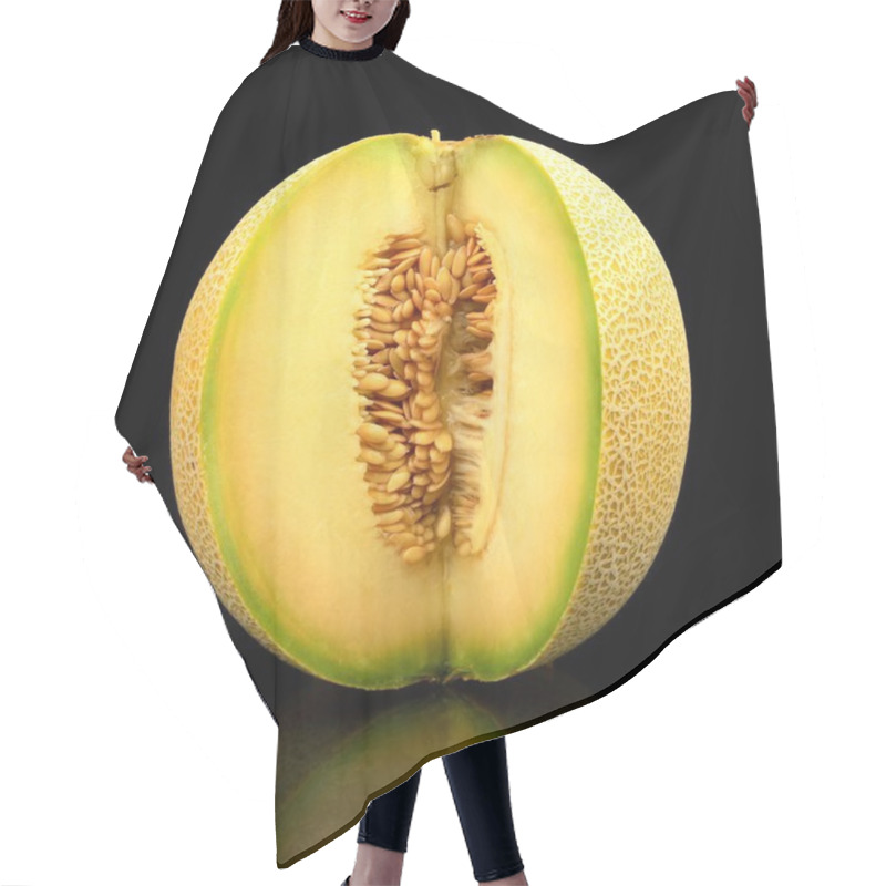 Personality  Melon Galia Notched With Seeds Isolated Black In Studio Hair Cutting Cape