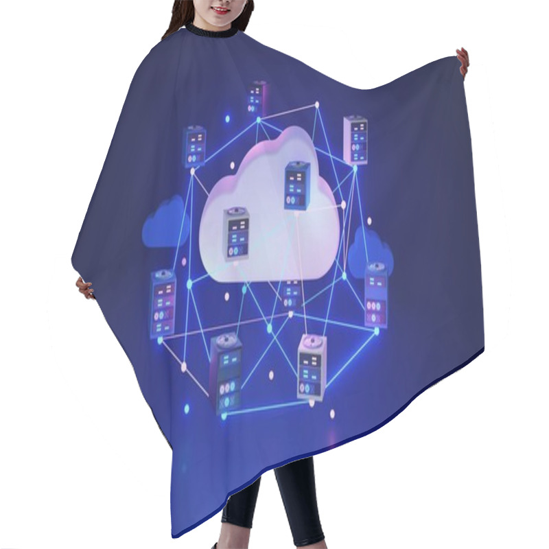 Personality  Cloud Computing Network For File Upload And Download 3D Illustration Concept. Information Sharing System With Digital Online Access. Database Backup From Encrypted And Secured Servers. Internet Tech. Hair Cutting Cape