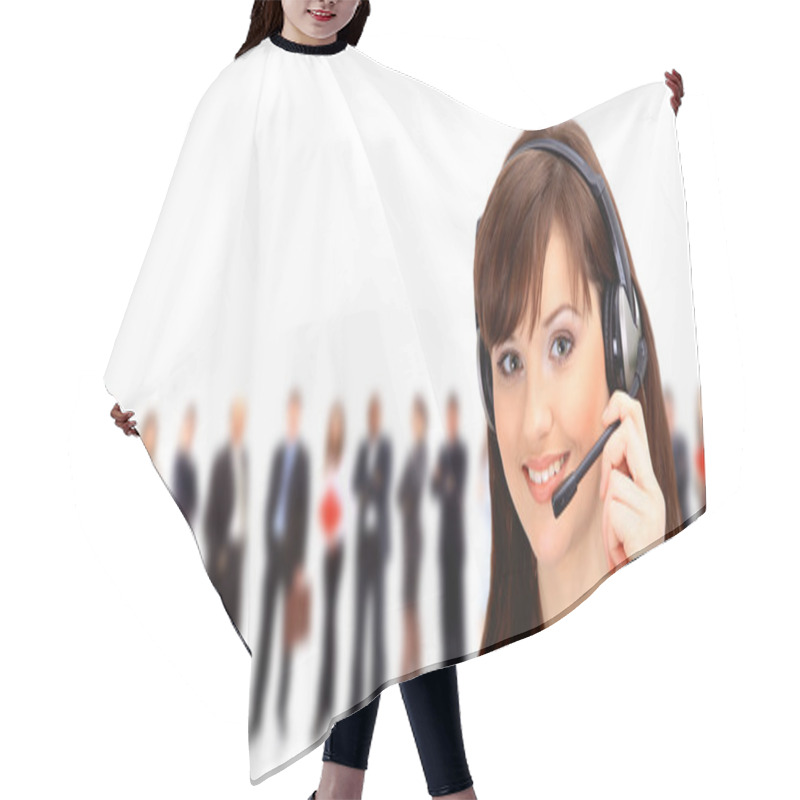 Personality  Call Center Operator With Headset And Business Team Hair Cutting Cape