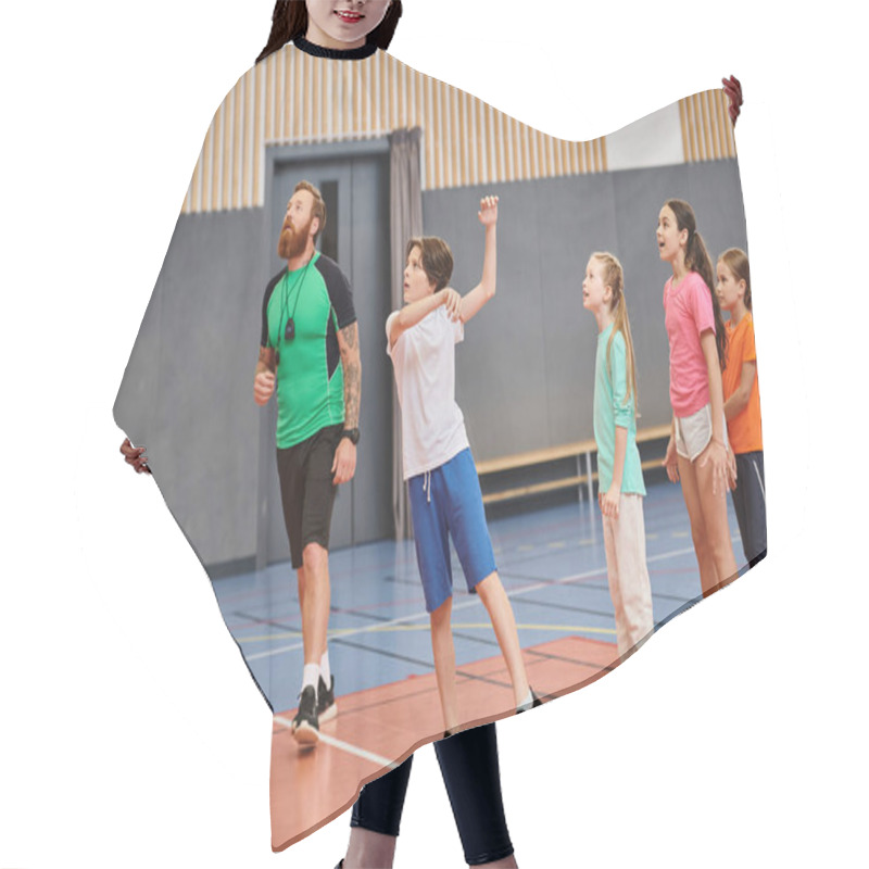 Personality  Group Of Young People Energetically Stand Atop A Basketball Court, Showcasing Their Enthusiasm For The Sport. Hair Cutting Cape