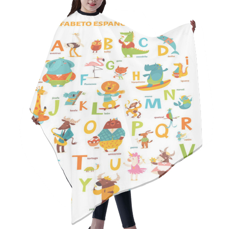 Personality  Spanish Language Alphabet Poster With Cartoon Animals  Hair Cutting Cape