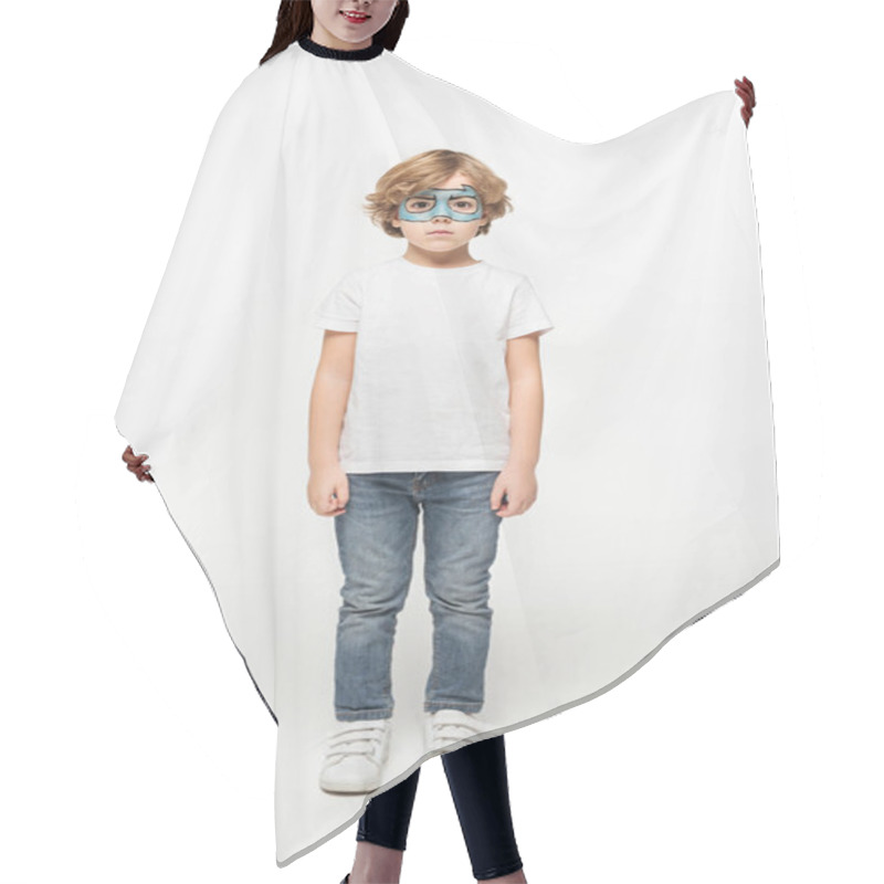 Personality  Full Length View Of Adorable Boy With Superhero Mask Painted On Face Looking At Camera On White Background Hair Cutting Cape