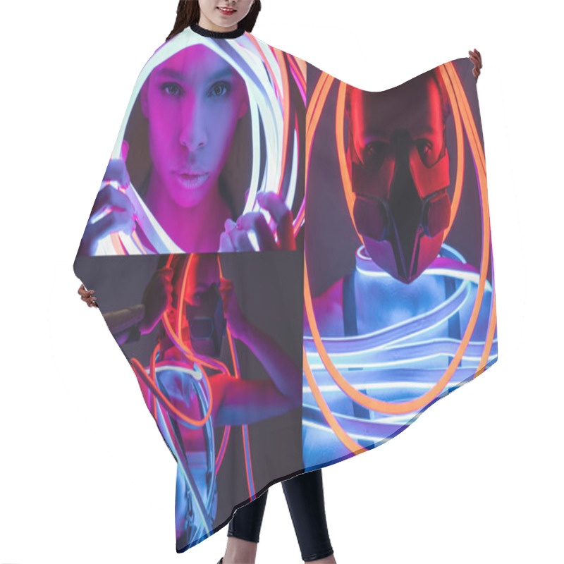 Personality  Collage Of Futuristic African American Woman In Respirator And Neon Lighting Hair Cutting Cape