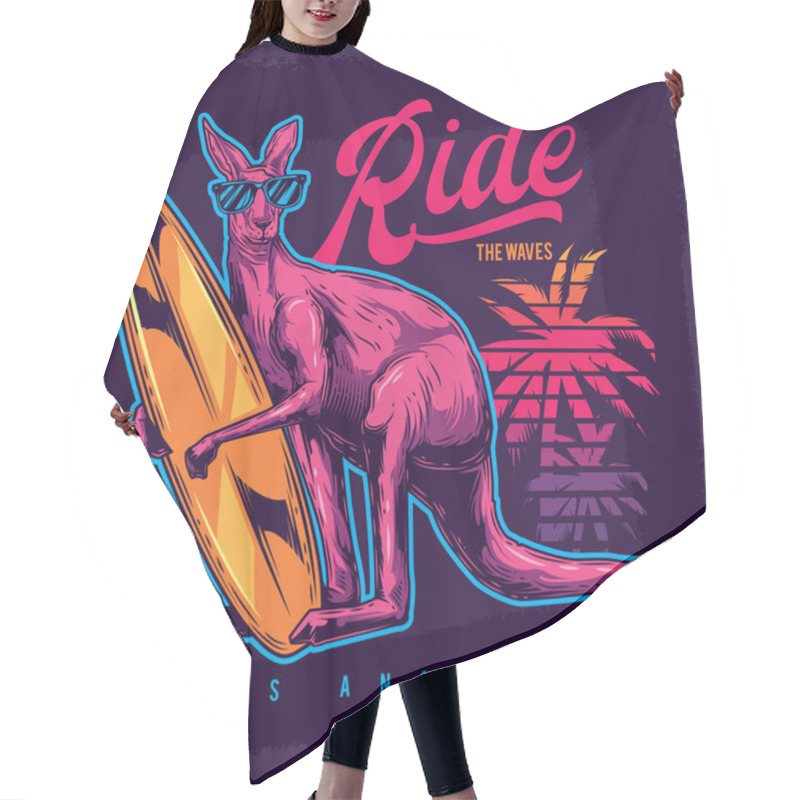 Personality  Original Vector Illustration In Neon Style. Kangaroo Surfing In Paws On The Beach. Hair Cutting Cape