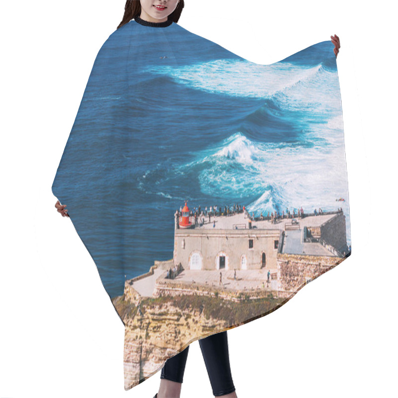 Personality  Aerial Drone View Of People Admiring The Giant Waves From The Lighthouse At Nazare, Portugal Hair Cutting Cape