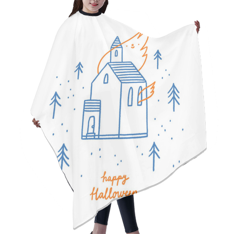 Personality  Burning Church In A Forest, Cute Flames, Vector Halloween Outline Illustration Hair Cutting Cape